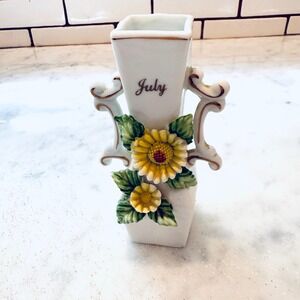Vintage July Birthday Vase White Ceramic Floral‎ Accent Decor Small